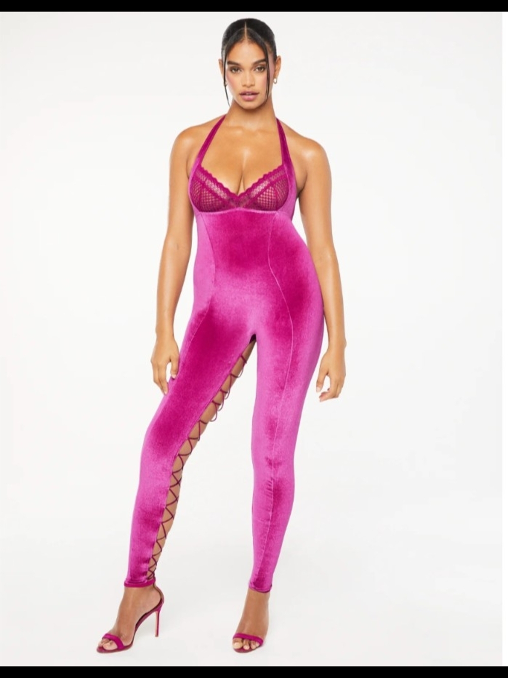 Savage X Fenty Hot Pink Velvet Vixen Catsuit Halter Lace Up Jumpsuit